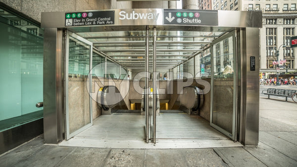 subway entrance on 42nd street and Lexington Ave on East Side of Manhattan - down escalators to train station in Midtown Manhattan