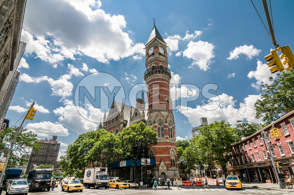 Jefferson Market Library clock tower in Greenwich Village on sunny day in summer