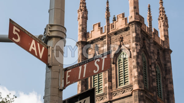 First Presbyterian Church on 5th Ave and 11th Street signs on corner in Manhattan