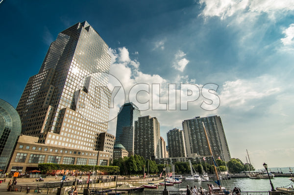 North Cove Yacht Harbor in Downtown Manhattan by Hudson River on bright sunny day