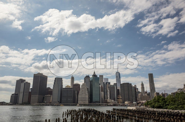 Manhattan skyline Downtown New York City with wood dowels on East River NYC