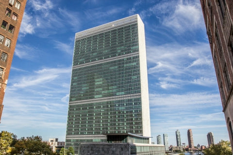 United Nations Building - beautiful sunny summer day with blue sky and clouds in HDR