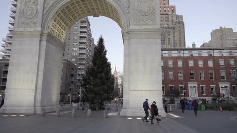 Christmas tree under Washington Square Park arch with Empire State Building in background on late afternoon day