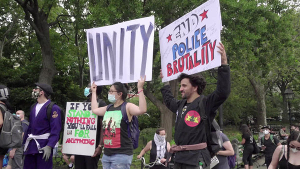 Unity and End Police Brutality sign at BLM rally in Washington Square ...