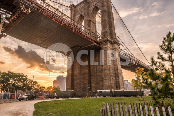view under Brooklyn Bridge with green grass in park at sunset in NYC