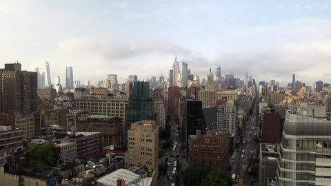 aerial over Lafayette Street Downtown Manhattan buildings in New York City NYC