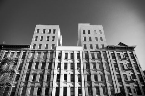 interesting black and white shot of buildings in Harlem Uptown Manhattan