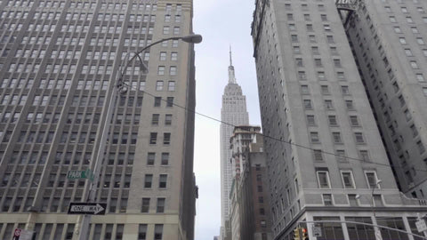 tilting down from Empire State Building to Park Ave intersection with cars driving in traffic 1080 HD NYC
