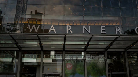 Time Warner Center tower - skyscraper in Columbus Circle in NYC - tilting up from sign