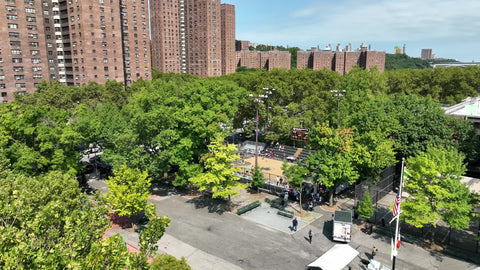 Rucker Park basketball court with projects in Harlem New York City