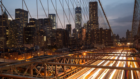 Freedom Tower viewed from Brooklyn Bridge in day to night timelapse in 4K and 1080 HD in NYC