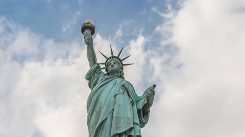 Statue of Liberty upward angle front medim shot - 4K timelapse in New York City