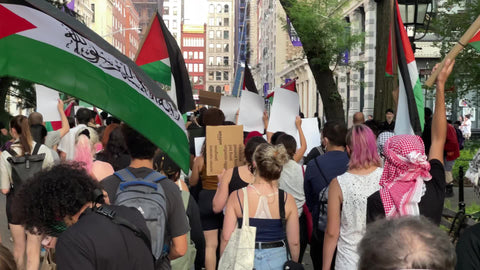 Palestinian rights demonstration march - protestors marching outside NYU in New York City NYC