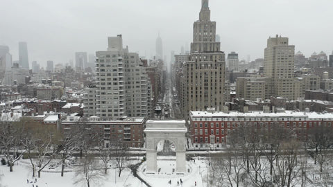 flying over arch of Washington Square Park in New York City NYC