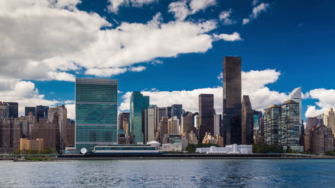 UN Building in Manhattan skyline during day - 4K timelapse in HDR