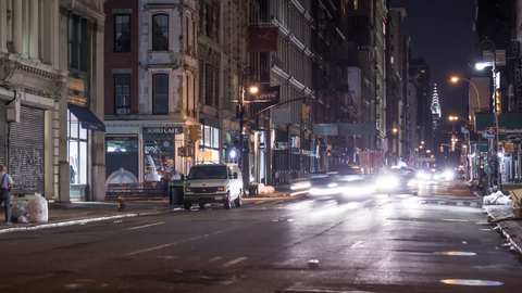 busy Broadway at night with Chrysler Building in SoHo Downtown Manhattan - 4k timelapse NYC