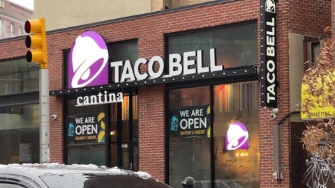 Taco Bell we are open sign during covid pandemic lockdown in New York City NYC