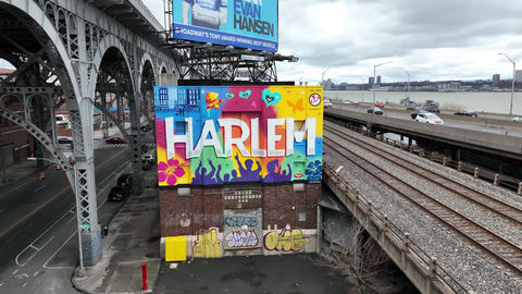 colorful Harlem sign mural uptown NYC