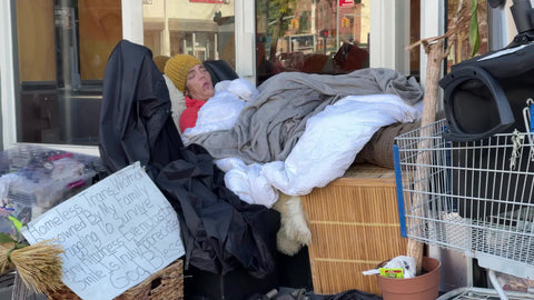 homeless trans woman sleeping under blankets in street sign shopping cart New York City NYC