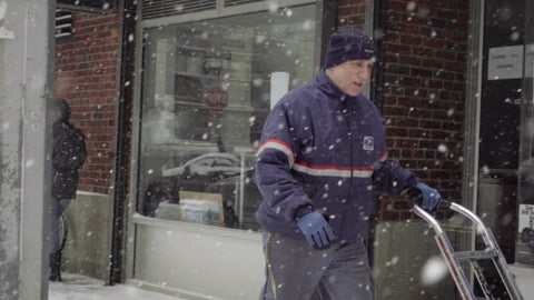USPS postal delivery worker mailman pushing dolly in snow storm snowing in street winter blizzard in NYC
