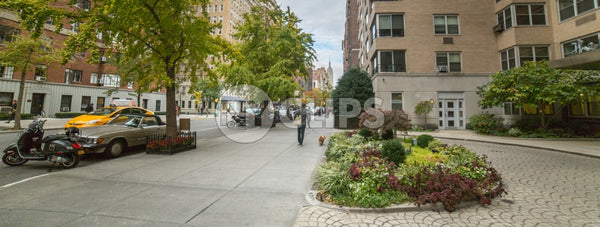 Lower 5th Ave with circular driveway garden in Manhattan NYC