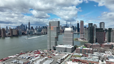 aerial Newton Creek buildings in Greenpoint Brooklyn development New York City