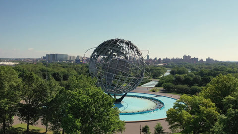 Earth Unisphere globe sculpture drone pushing in Flushing Meadows Queens Corona Park New York City NYC