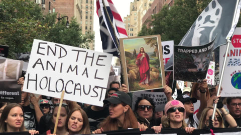 end the animal holocaust sign and how many animals have to die chant at vegan protest in New York City
