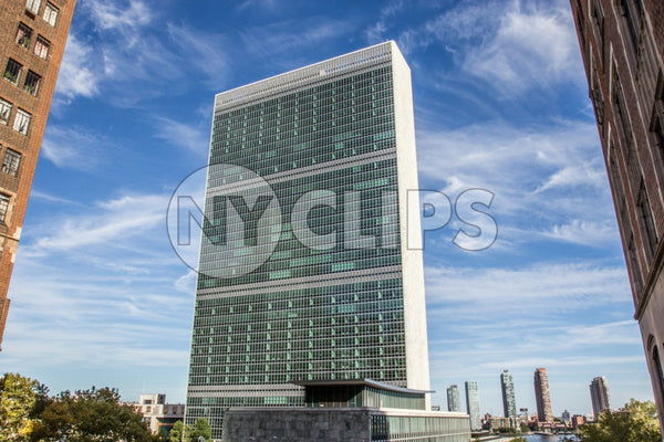 United Nations Building - beautiful sunny summer day with blue sky and clouds in HDR