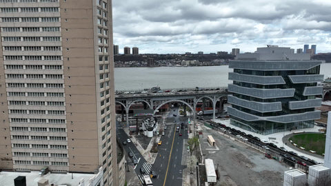 aerial toward west side highway in Harlem NYC