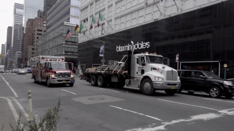 emergency FDNY fire truck ambulance siren sound driving on street with audio in 4K and 1080 HD in NYC