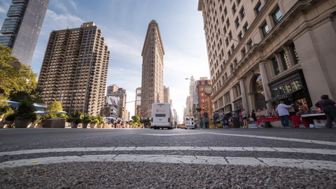 low angle of 5th Ave and Flatiron Building in Manhattan - 4K timelapse in NYC