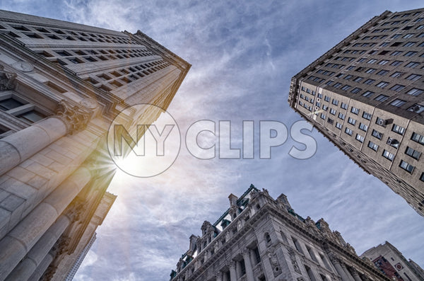 tall buildings in Financial District - FiDi in HDR in Downtown Manhattan on sunny day