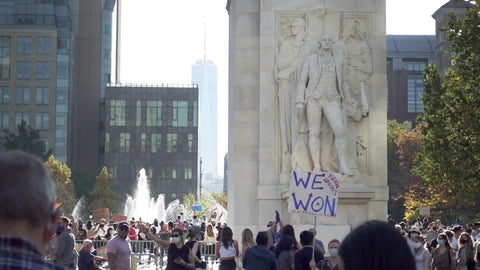 We Won sign for Biden and Harris 2020 presidential election victory at celebration rally in Washington Square Park New York City