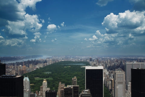 Central Park from high view with blue sky and clouds - skyscrapers and buildings