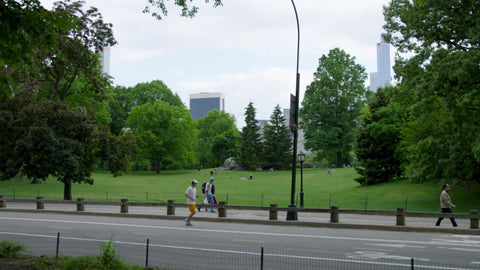 man jogging in slow motion in Central Park on bright sunny day