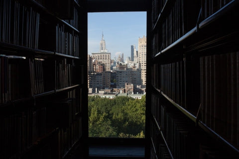 NYU Bobst library aisle and Empire State Building - books on shelf with window view in NYC