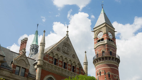 Jefferson Market Library clock tower in Greenwich Village - close up 4K timelapse in New York City