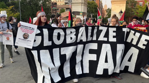 Palestinian rights sign in march through Washington Square Park New York City NYC
