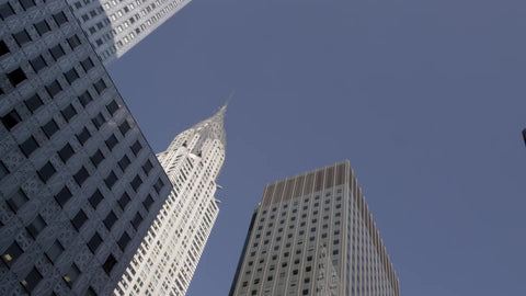 Chrysler Building from moving vehicle street view - upward angle of skyscraper in Manhattan NYC