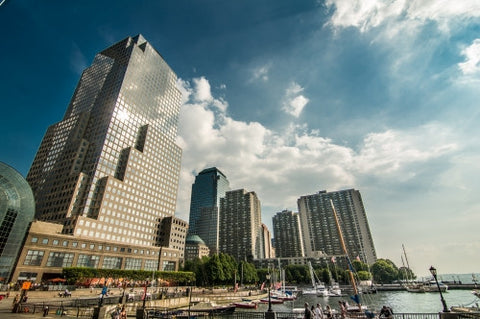 North Cove Yacht Harbor in Downtown Manhattan by Hudson River on bright sunny day