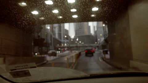 emerging from the Brooklyn Battery Tunnel into Manhattan with Freedom Tower overhead in New York City