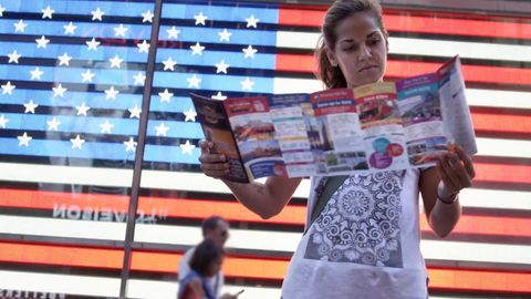 pretty tourist looking at map in front of Times Square American flag LED - slow motion 4K in New York City