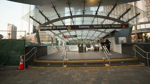 down escalator at 1 train subway station outside Staten Island Ferry terminal in 1080 HD NYC