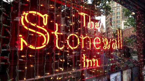 famous Stonewall Inn window sign - gay bar in the West Village New York City NYC