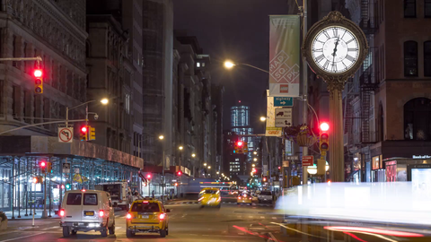 traffic lights changing red to green fast, timelapse of Fifth Ave clock in Manhattan at night in 4K and 1080 HD in NYC