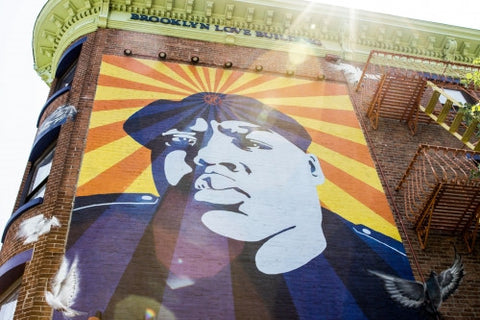 Biggie mural in Fort Greene Brooklyn on sunny day in NYC