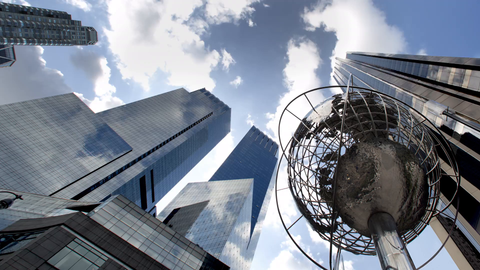 Globe sculpture in Columbus Circle with Time Warner Towers upward angle - day to night timelapse in Manhattan 4K and 1080 HD NYC