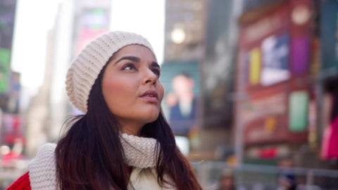 tourist looking around Times Square on Christmas