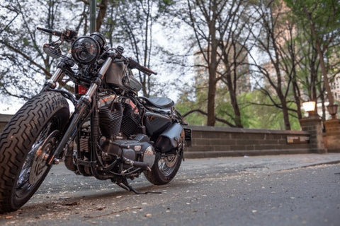 motorcycle parked by Central Park in fall